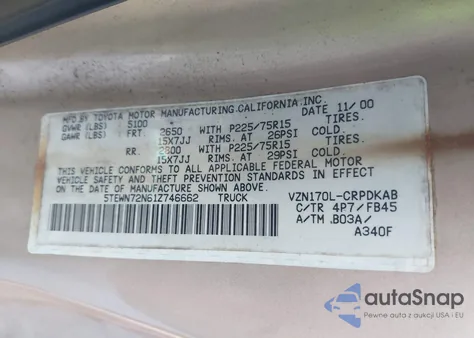 2001 Toyota Tacoma Base V6 from USA, damaged, VIN 5TEWN72N61Z746662